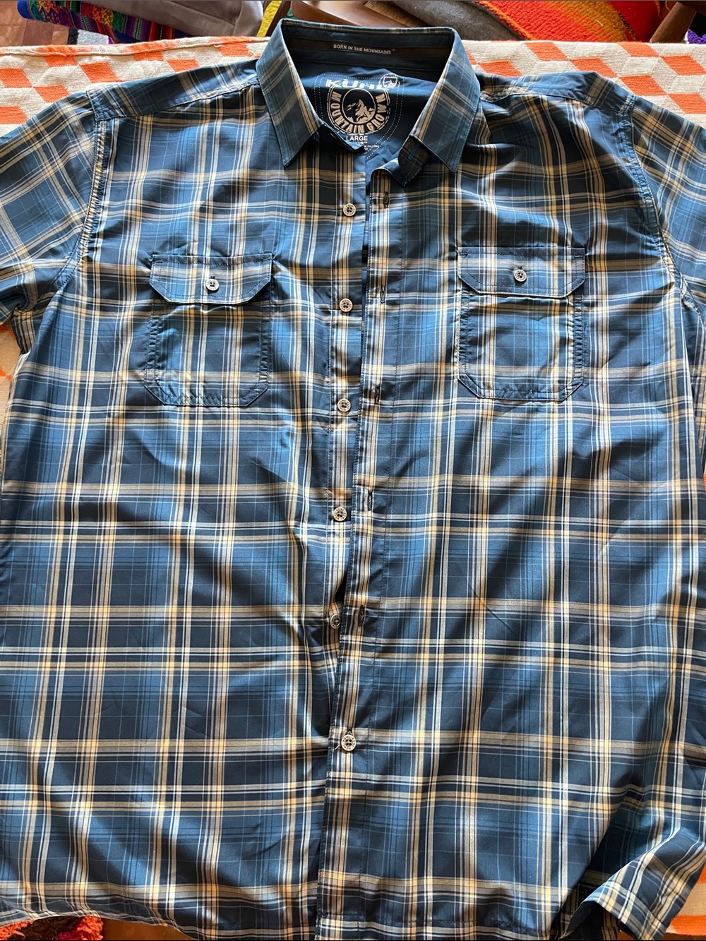 Kuhl Mountain Grown Blue & White Plaid Short-Sleeve Button-Up Shirt Large